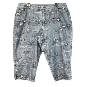 LIZ CLAIBORNE Capri Pants Women's Large Blue Michaela High-Rise Sailboat Print‎